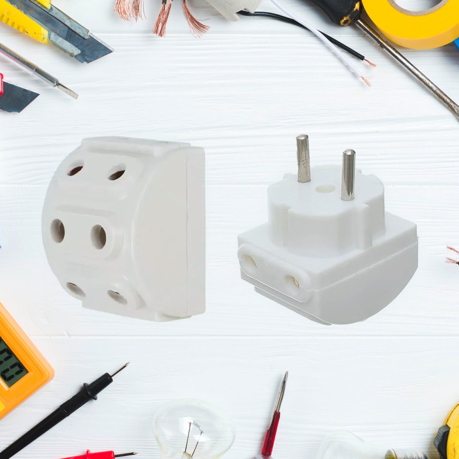 Tetherix 2-pin multi-plug socket, designed for Indian sockets.