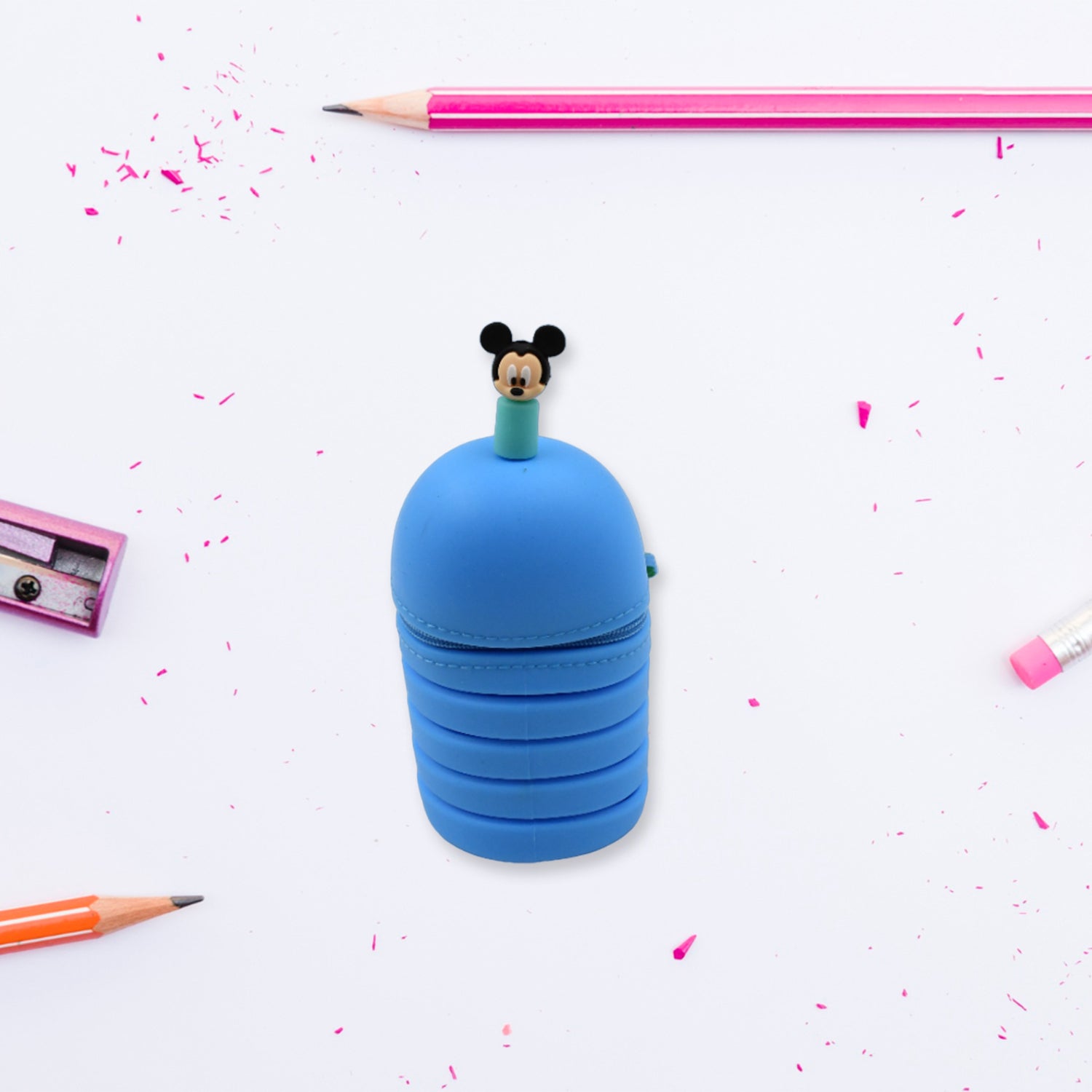 A pink silicone pencil case with secure zipper, ideal for school, home, or office.
