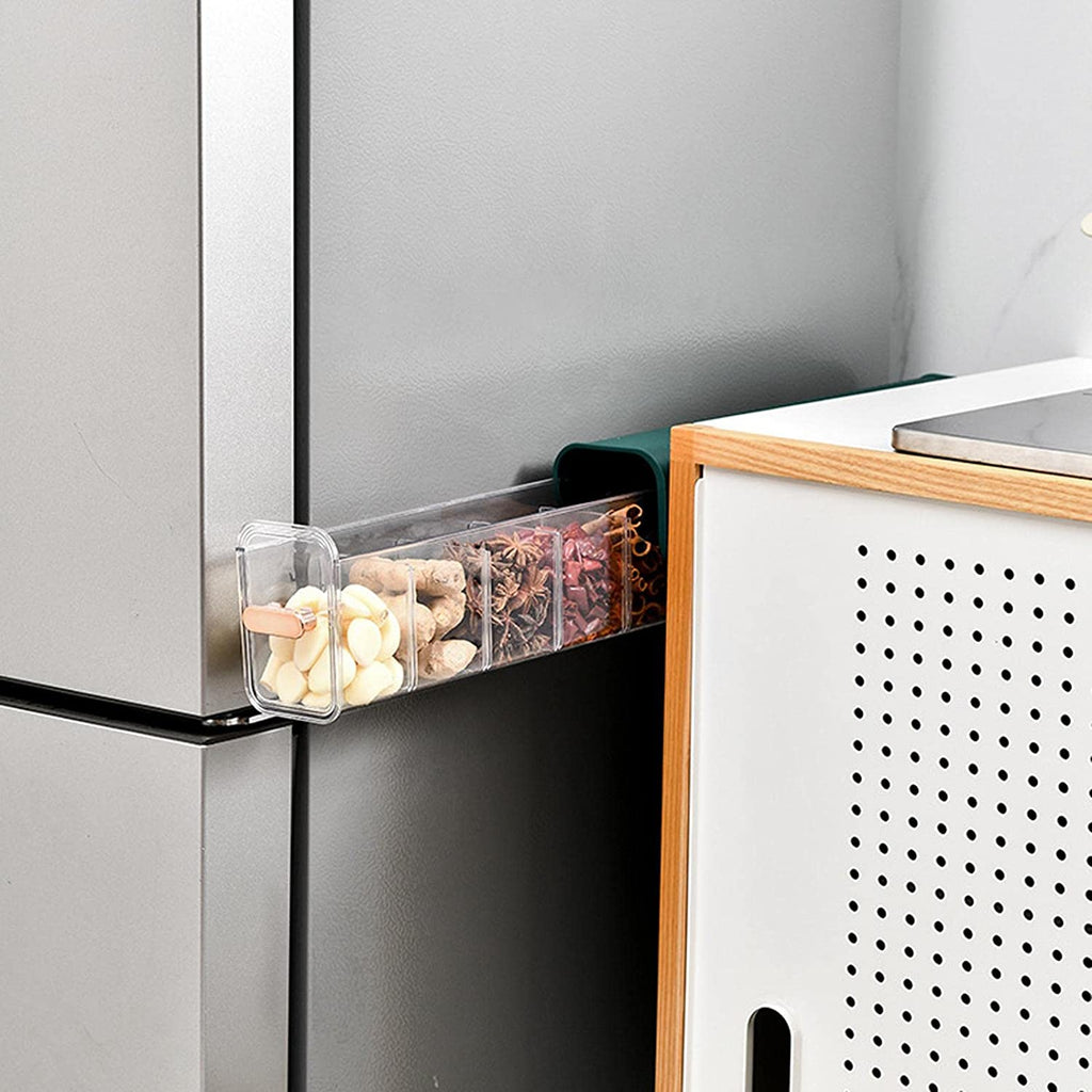 Wall mount drawer organizer attached to a bathroom wall, storing small toiletries.
