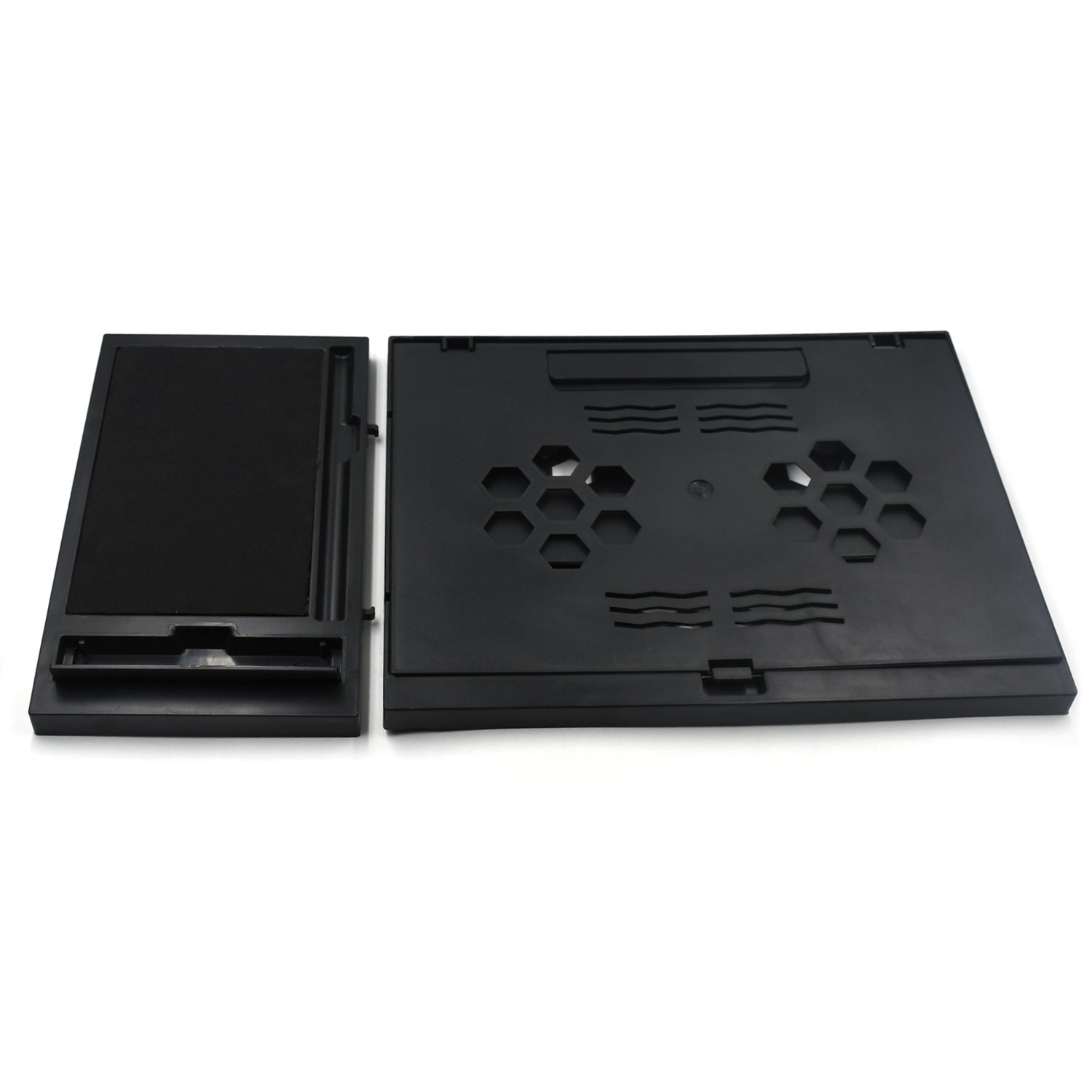 Compact foldable laptop stand with phone holder, ideal for desk and travel.