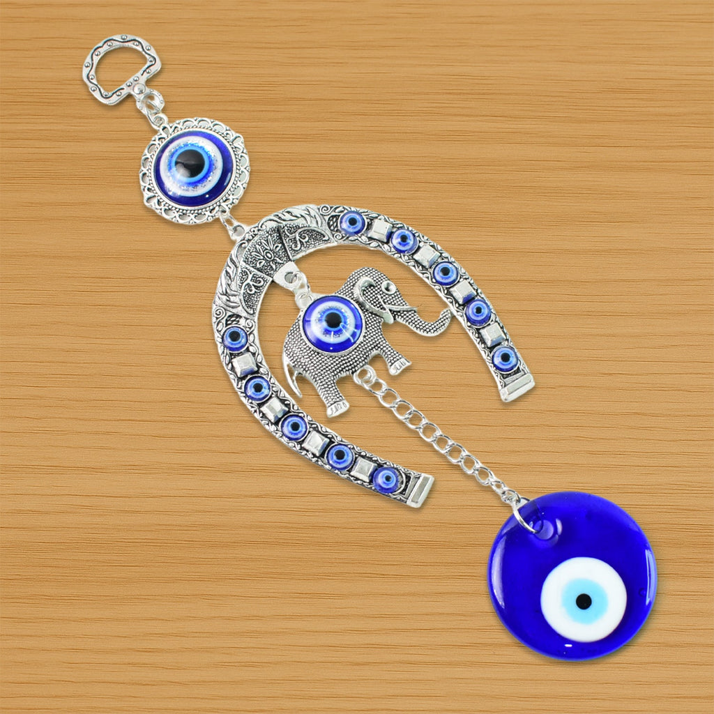 Handcrafted evil eye wall hanging featuring beads and tinkling chime