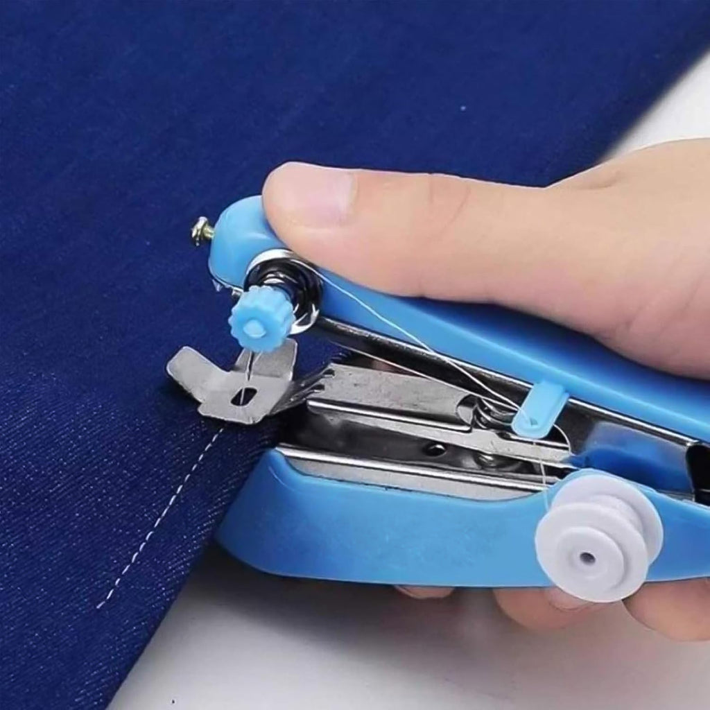 Comparison of the compact handheld sewing machine with a larger traditional model.