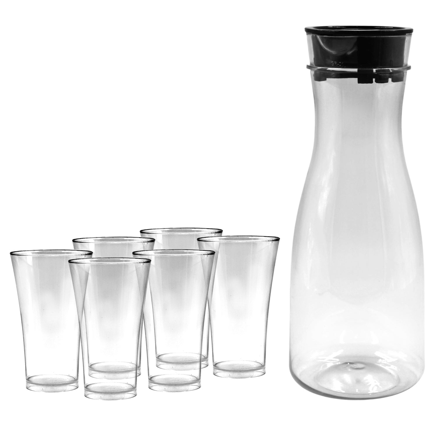Elegant transparent jug and six glasses, suitable for office or home.
