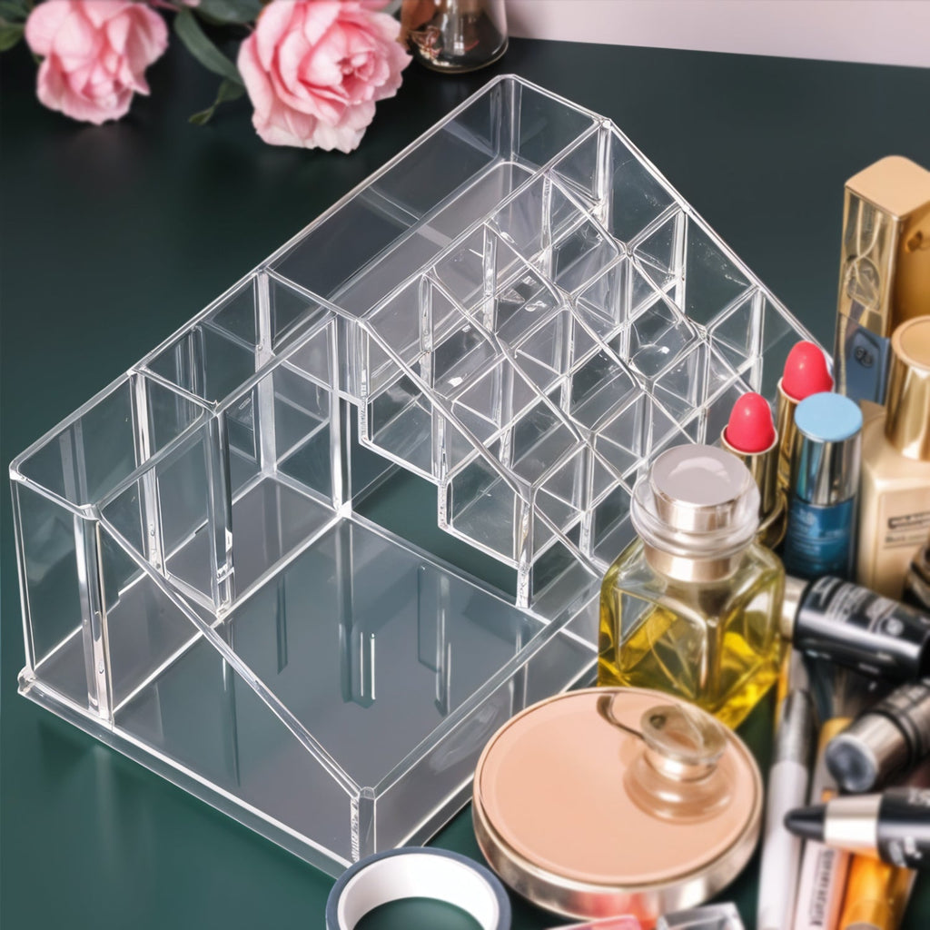 Side view of transparent acrylic organizer filled with makeup products