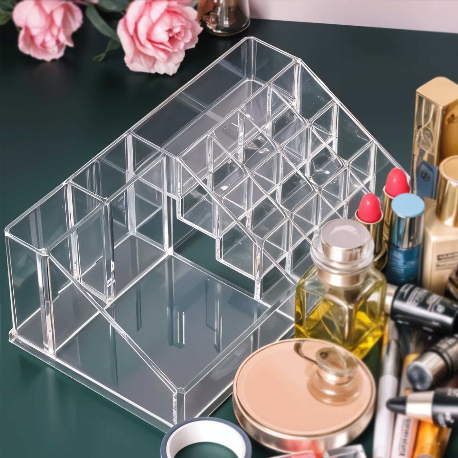 Side view of transparent acrylic organizer filled with makeup products