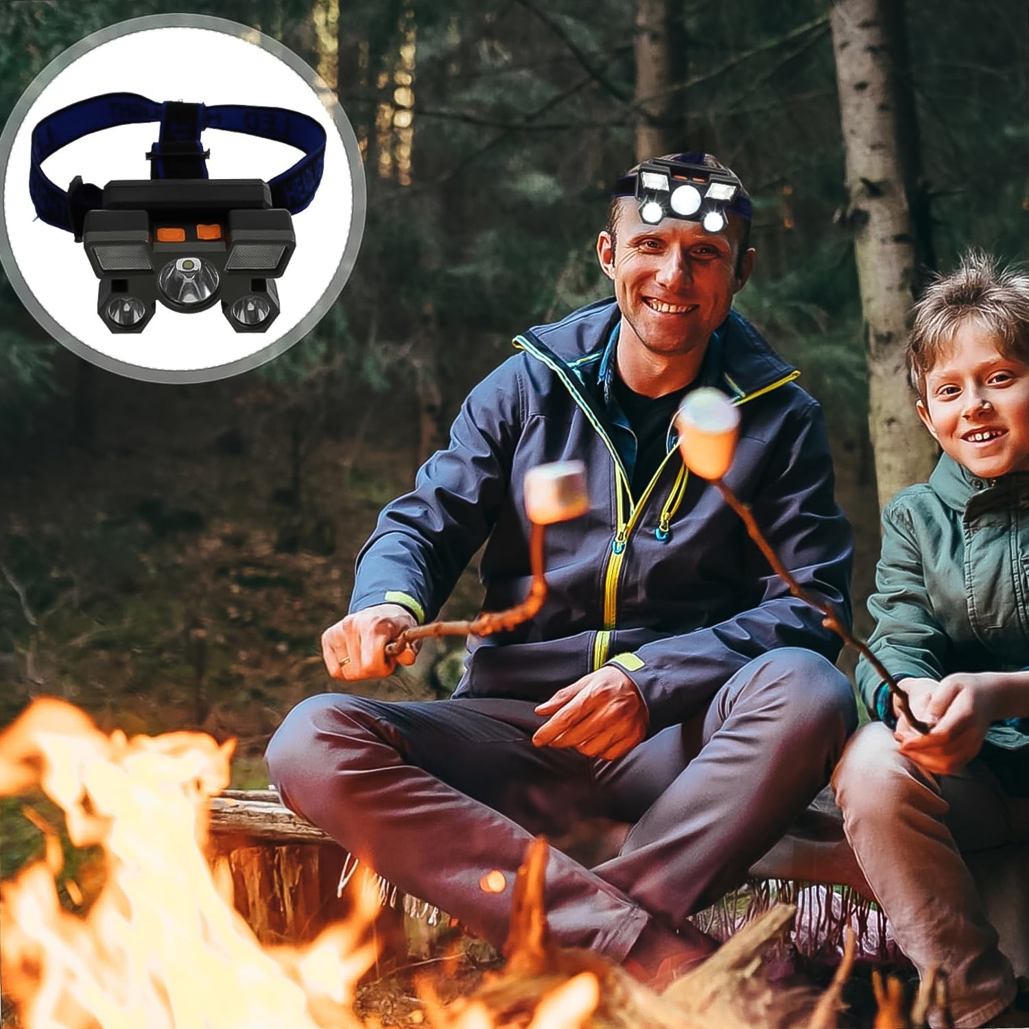 The 5 LED camping headlamp with its comfortable, adjustable head straps.
