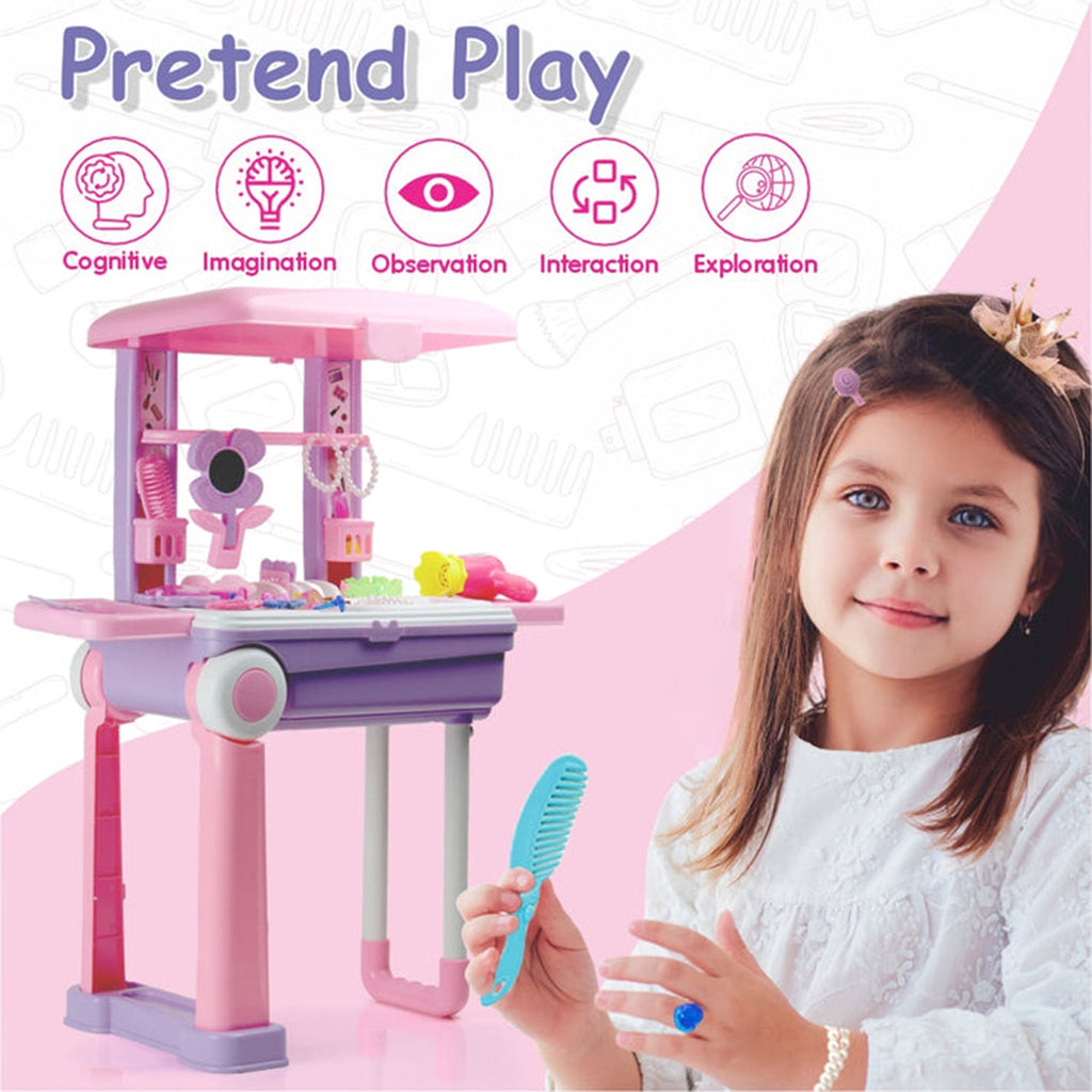 Close-up of pretend lipstick, hairbrush, and mirror from the children's beauty kit.