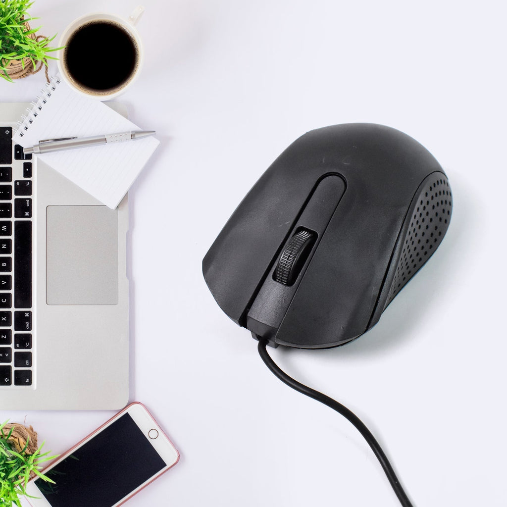 Side view of the ergonomic Compshop Wired Optical Mouse M-022, designed for comfort.