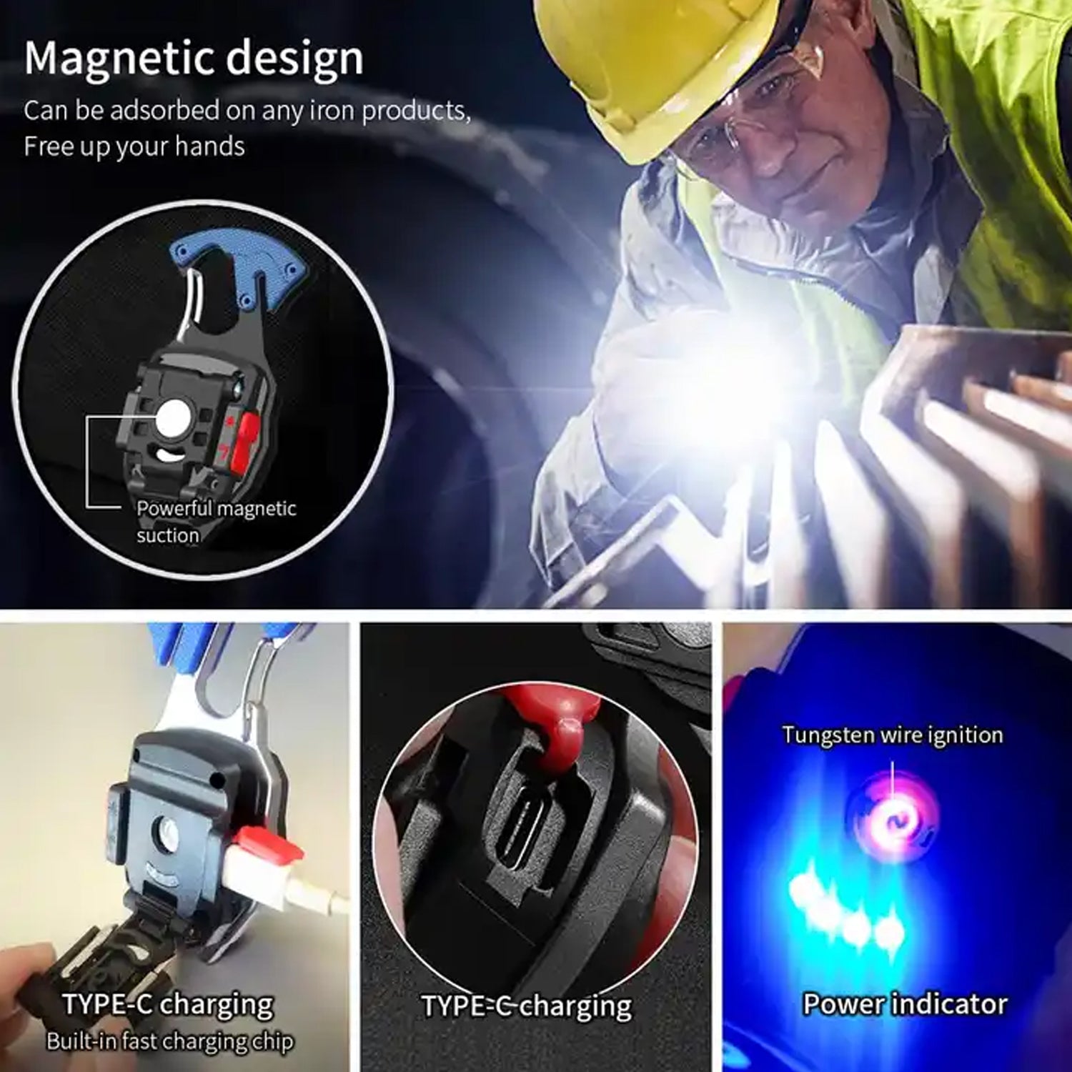 Rechargeable LED keychain flashlight with its USB charging cable and detailed features.