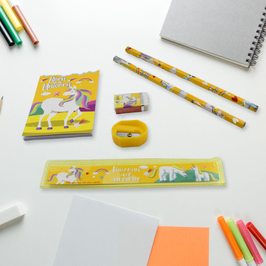 Complete 6-piece school stationery set with ruler, pencils, and sharpener for students.