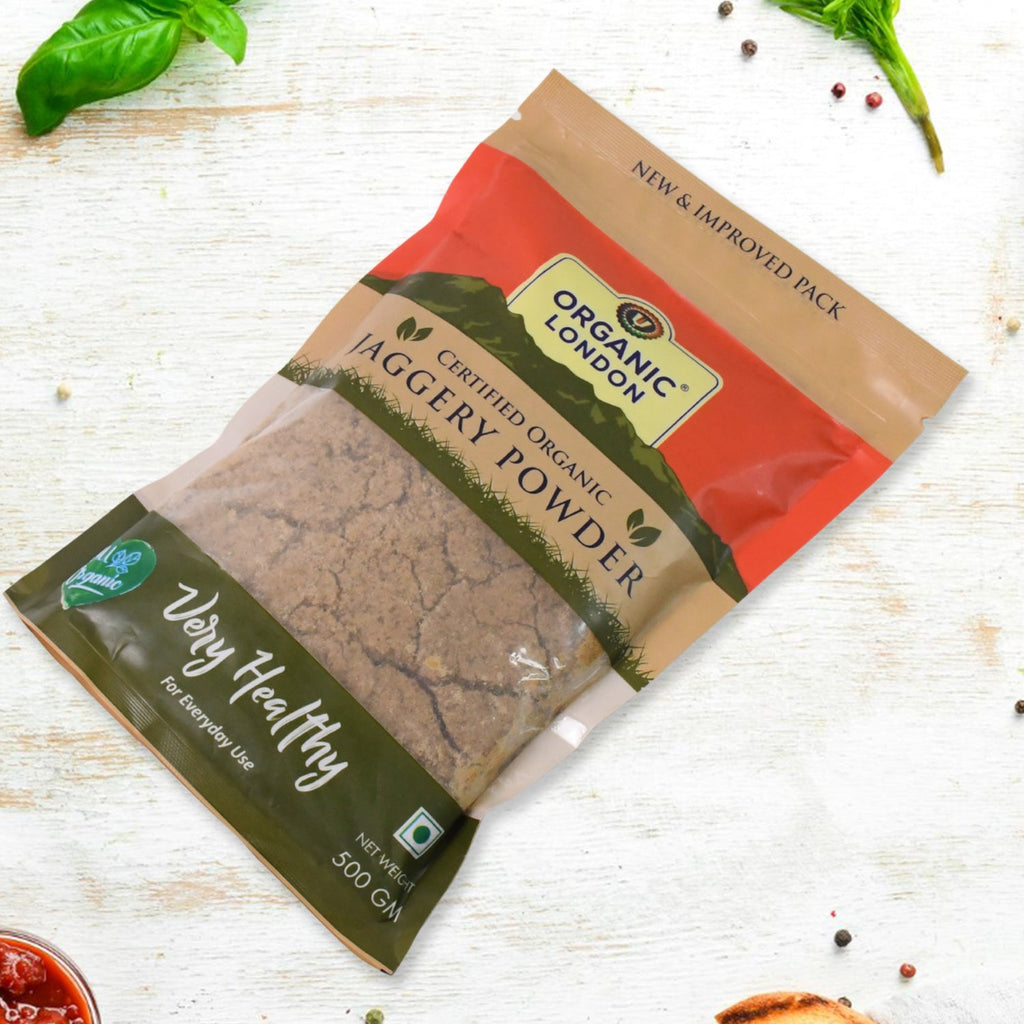 Loose organic jaggery powder texture close-up highlighting natural grains