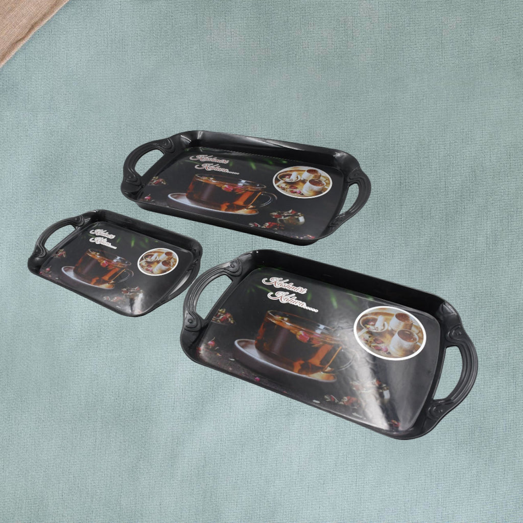 Multicolor rectangular serving tray set of 3, suitable for serving guests or home decoration.