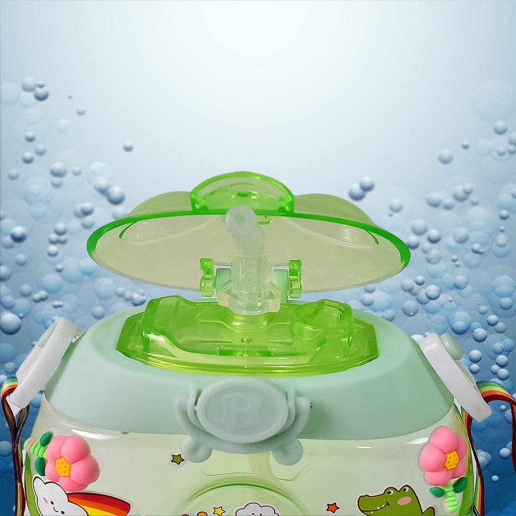 Top-down perspective of the green Donut Water Bottle, featuring the secure lid and pop-up straw.