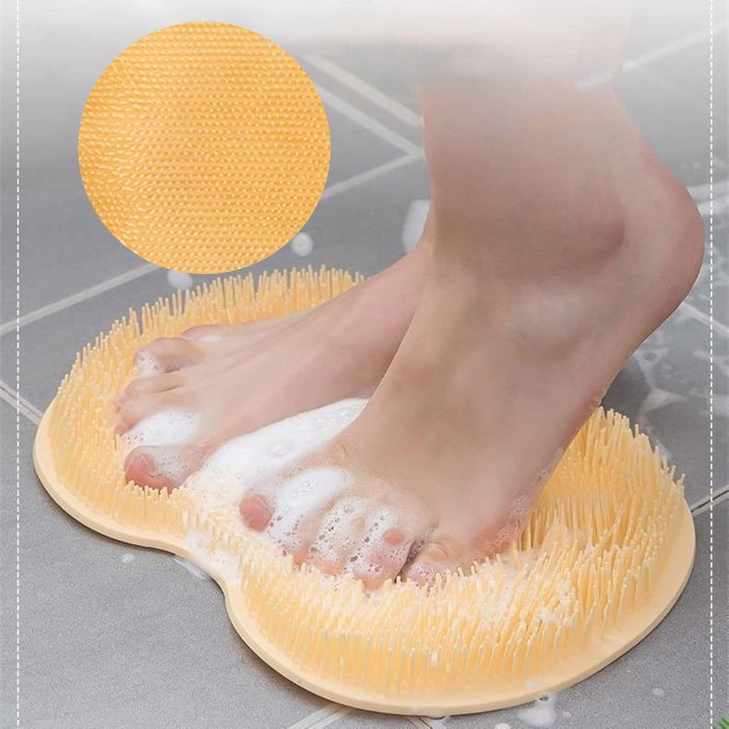 Yellow silicone exfoliating foot scrubber mat with anti-slip suction cups