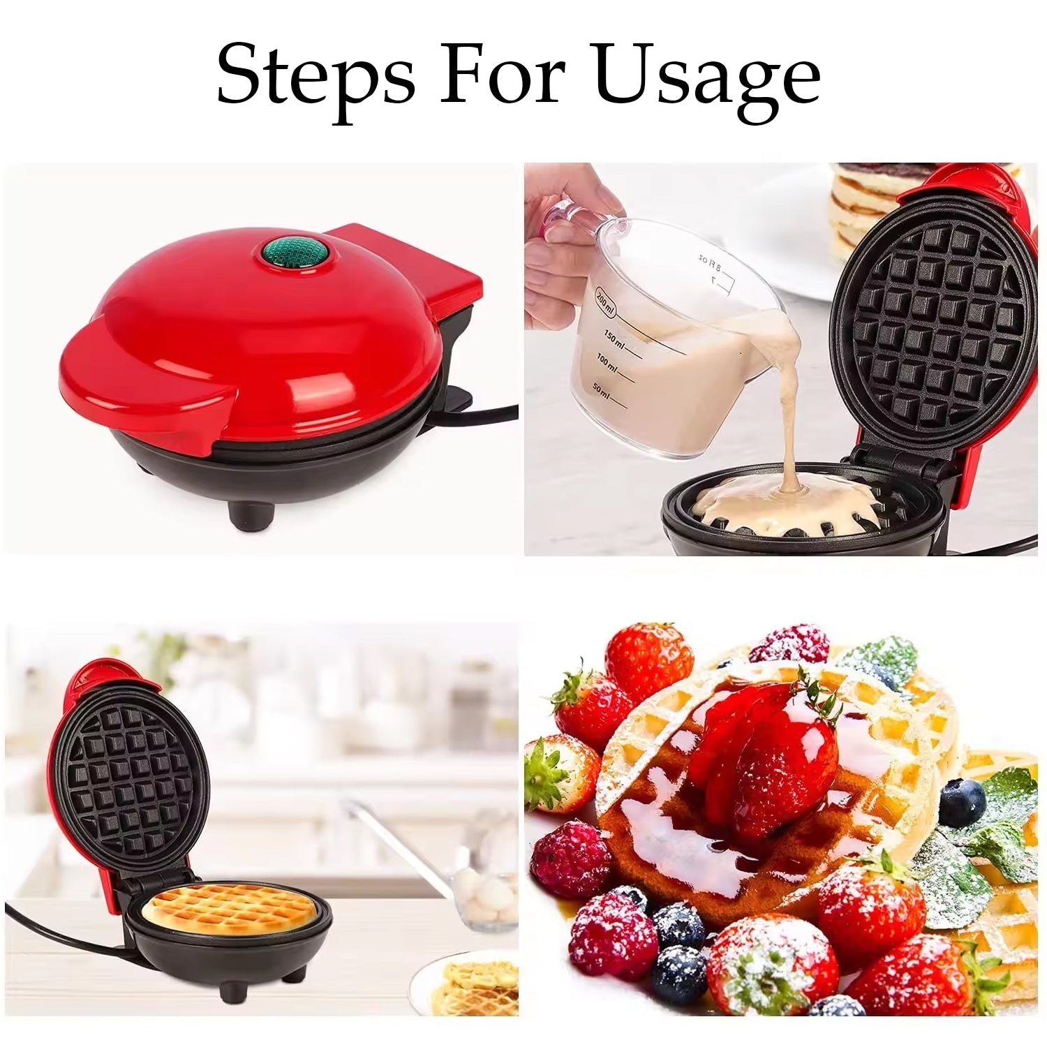 Mini waffle maker ready to use with attached power cord