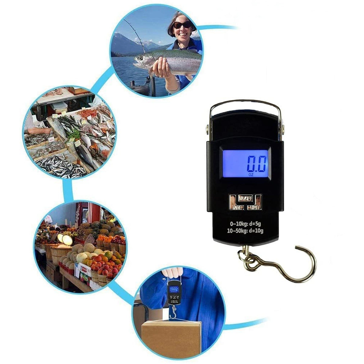 Traveler using a portable digital weighing scale to check luggage weight.