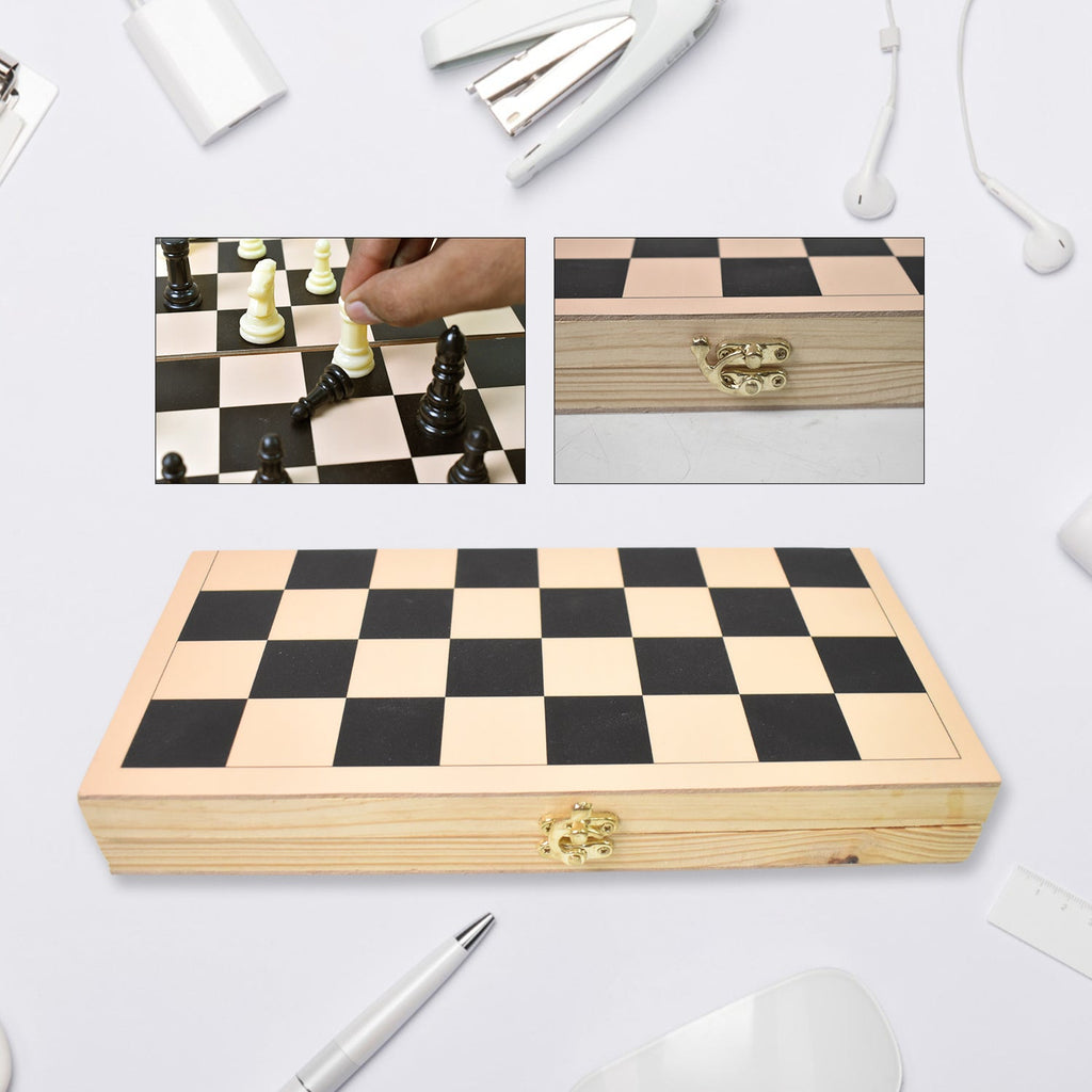 A game in progress on the elegant folding wooden chess set, showing the chessmen on the board.