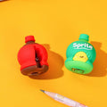 A 3D cold drink bottle shape pencil sharpener and eraser set for kids.