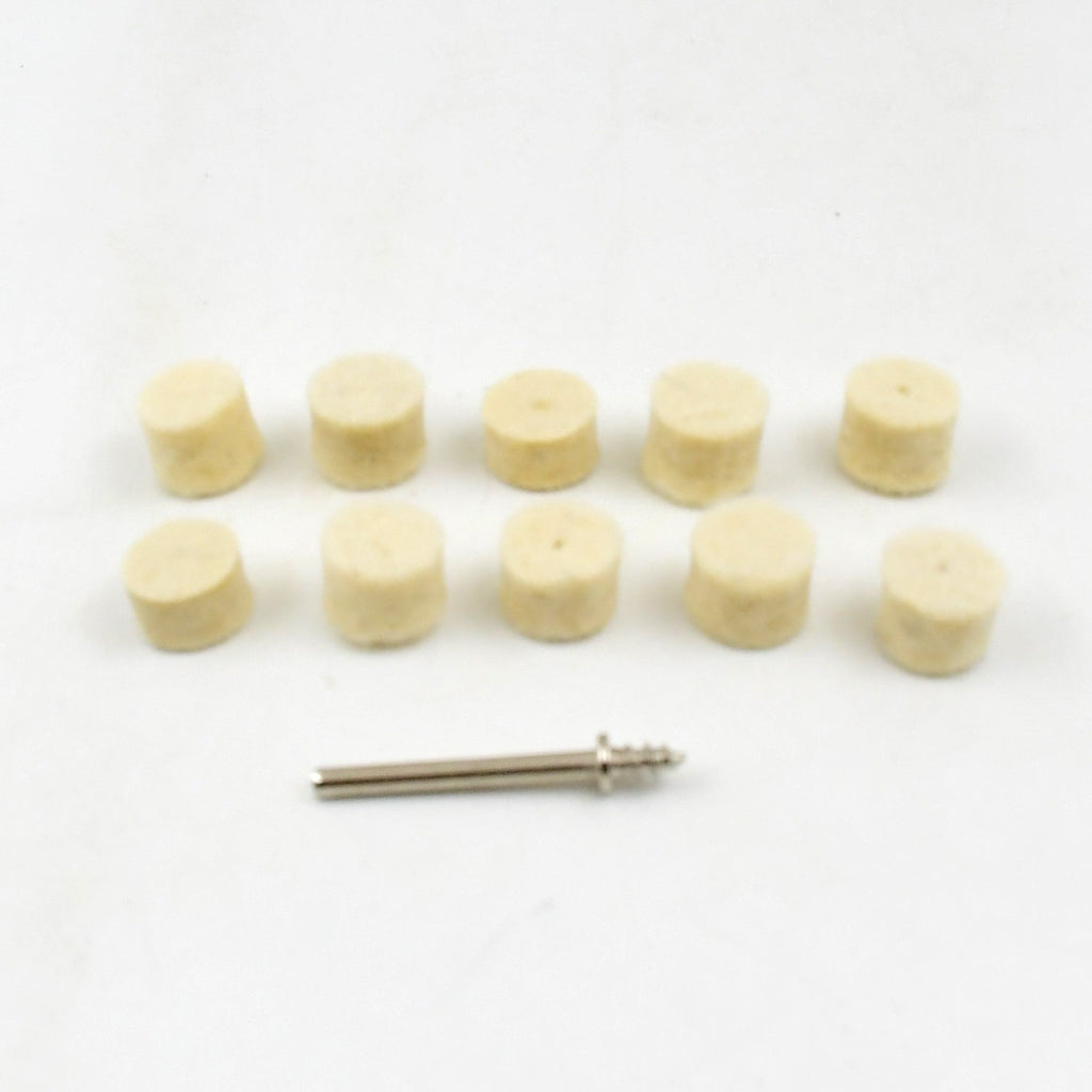 Different shapes of felt buffing wheels for grinding and polishing tasks.