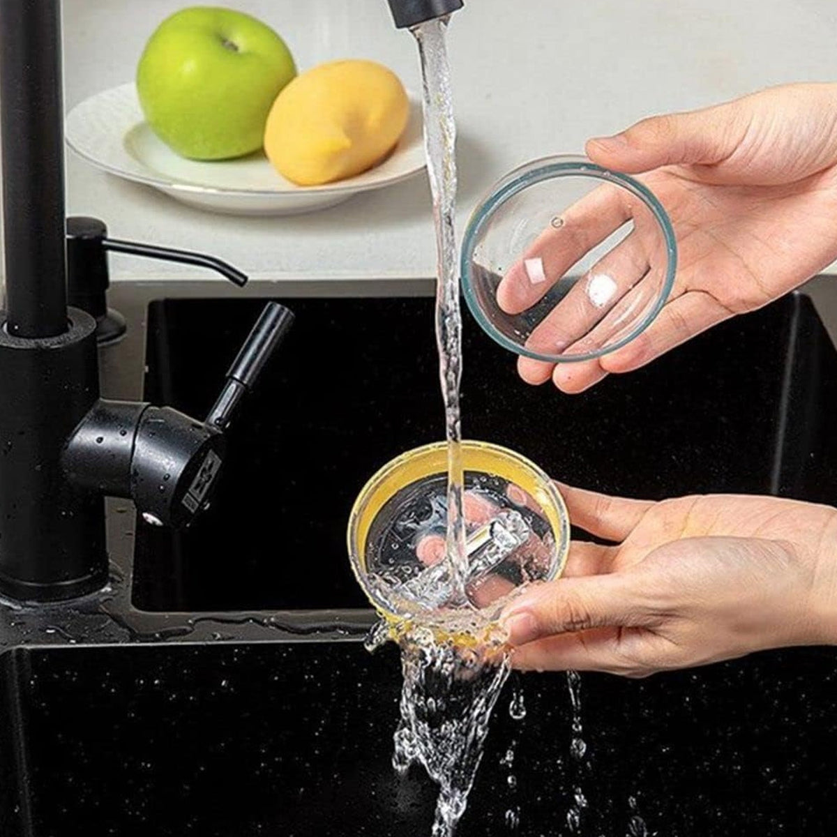 Efficiently peeling a cucumber with the round peeler, collecting peels in the container.