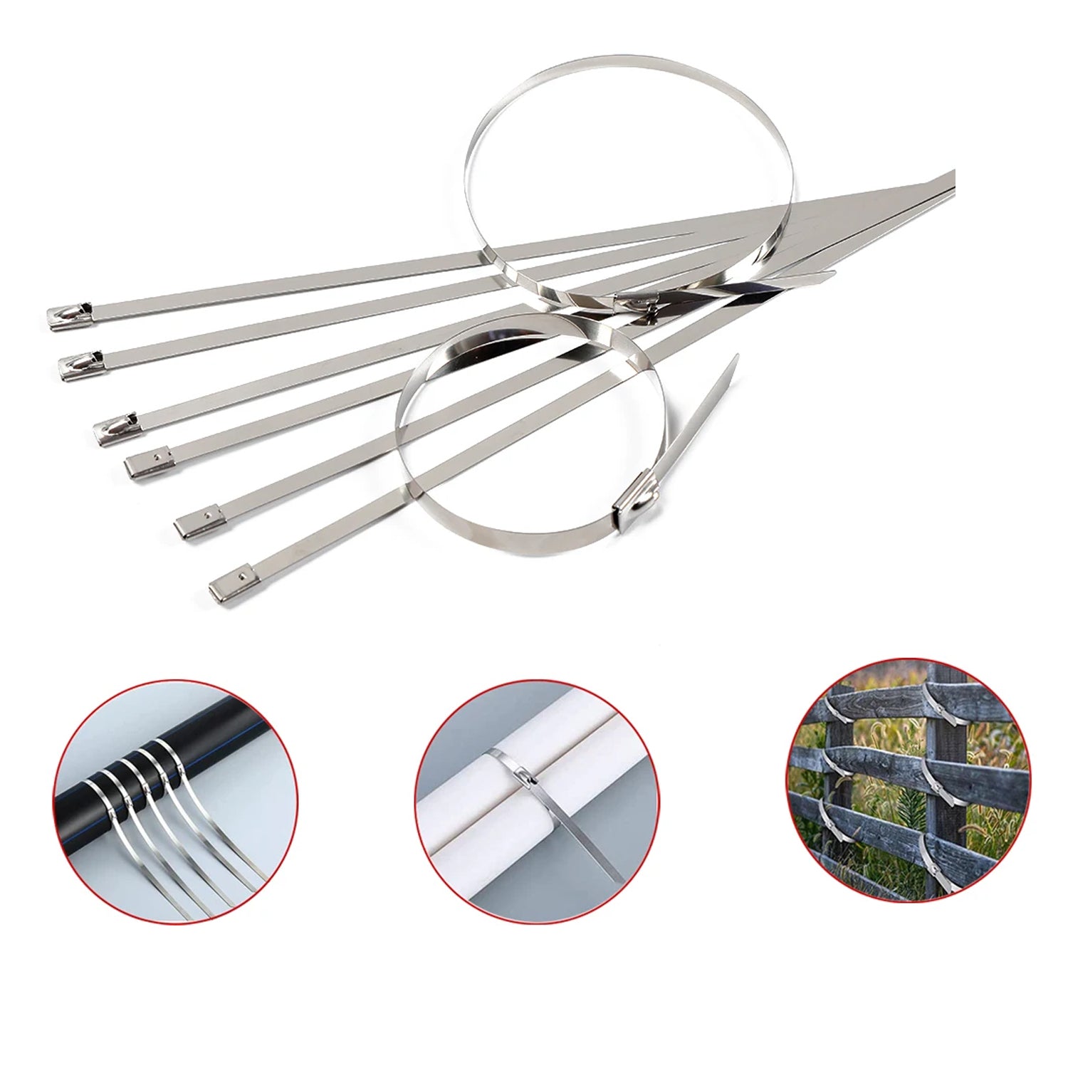 Multiple stainless steel cable ties securing various pipes and cables in a workshop environment.