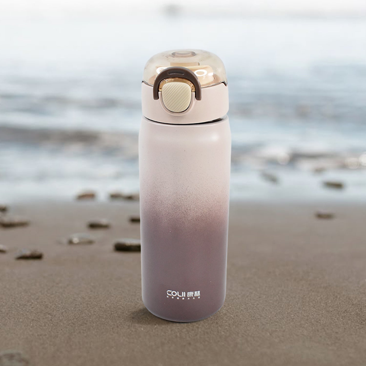 Side view of sealed stainless steel water bottle