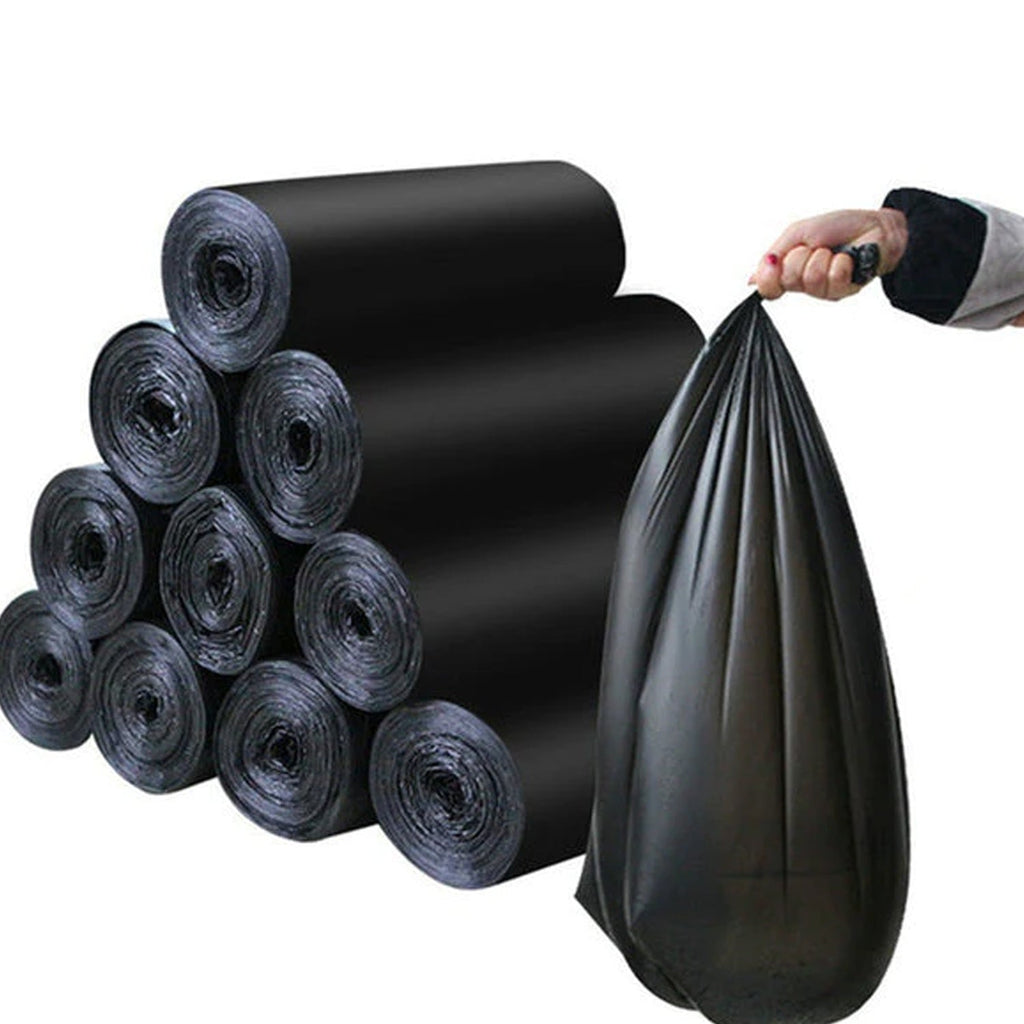 Visual showing the star-sealed bottom of the black garbage bag, emphasizing its leak-proof feature.