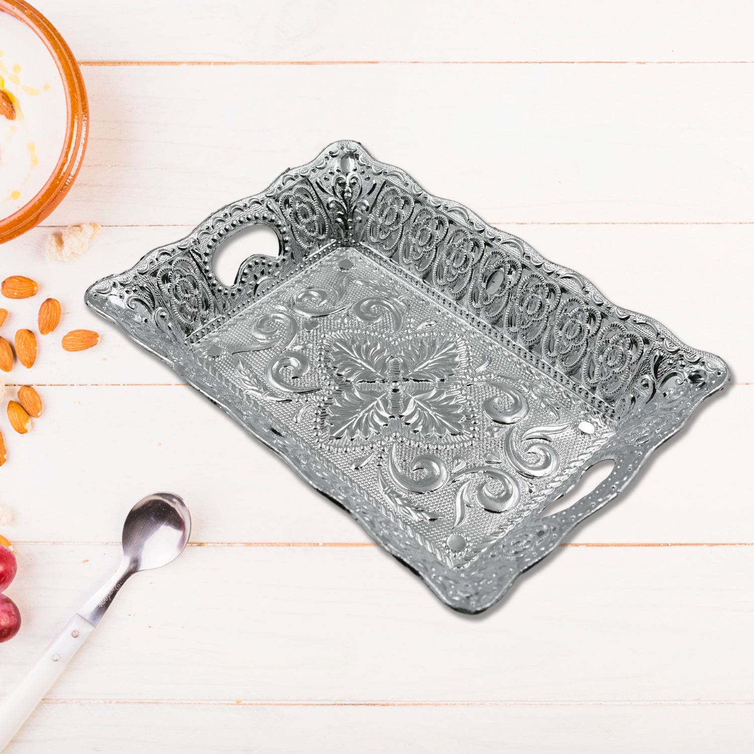 Side view of the stylish dry fruit serving tray, perfect for any Indian home.