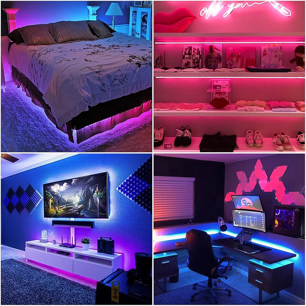 3M RGB LED strip lights illuminating a modern living room setup.