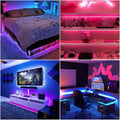 3M RGB LED strip lights illuminating a modern living room setup.