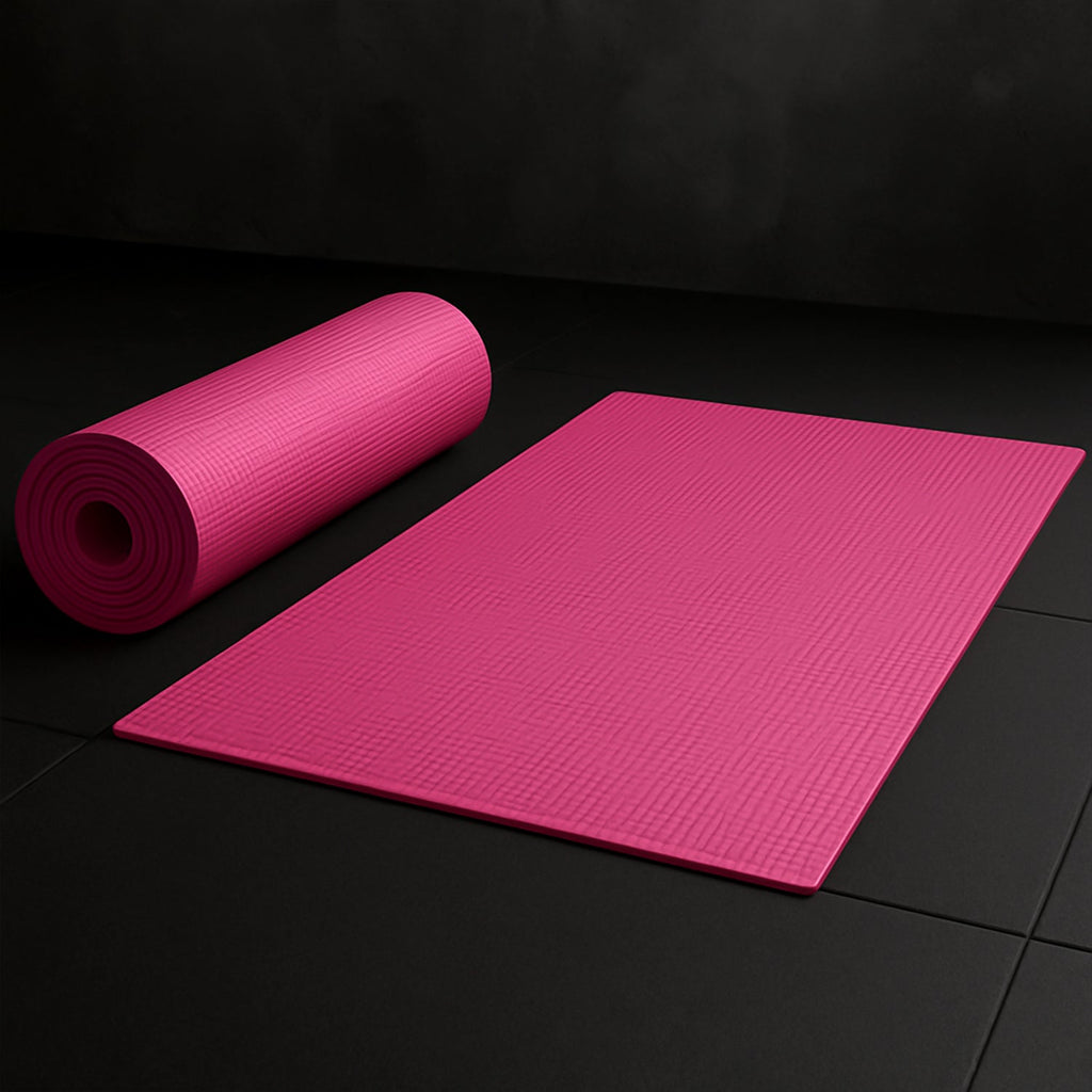 Minimalist setup showing a yoga mat and water bottle in a fitness environment.