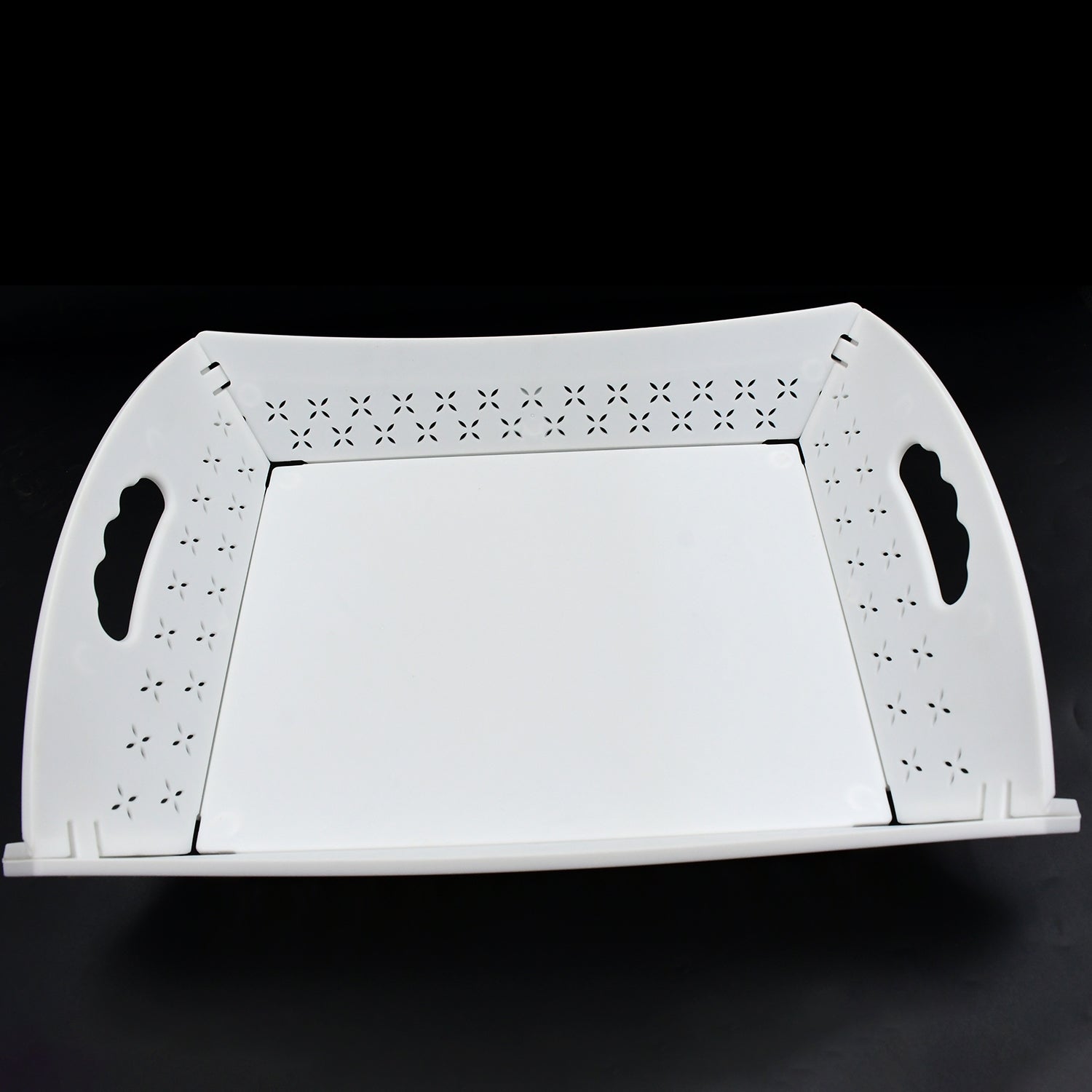 Foldable serving tray ready for use in a kitchen setting, perfect for everyday meals or outdoor gatherings.