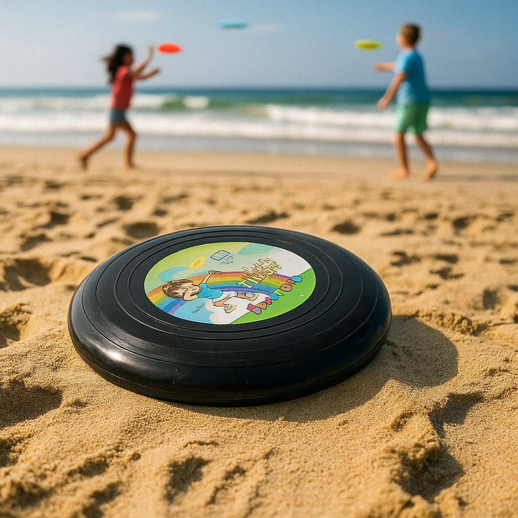 Small outdoor flying disc frisbee toy showing aerodynamic design for smooth flight
