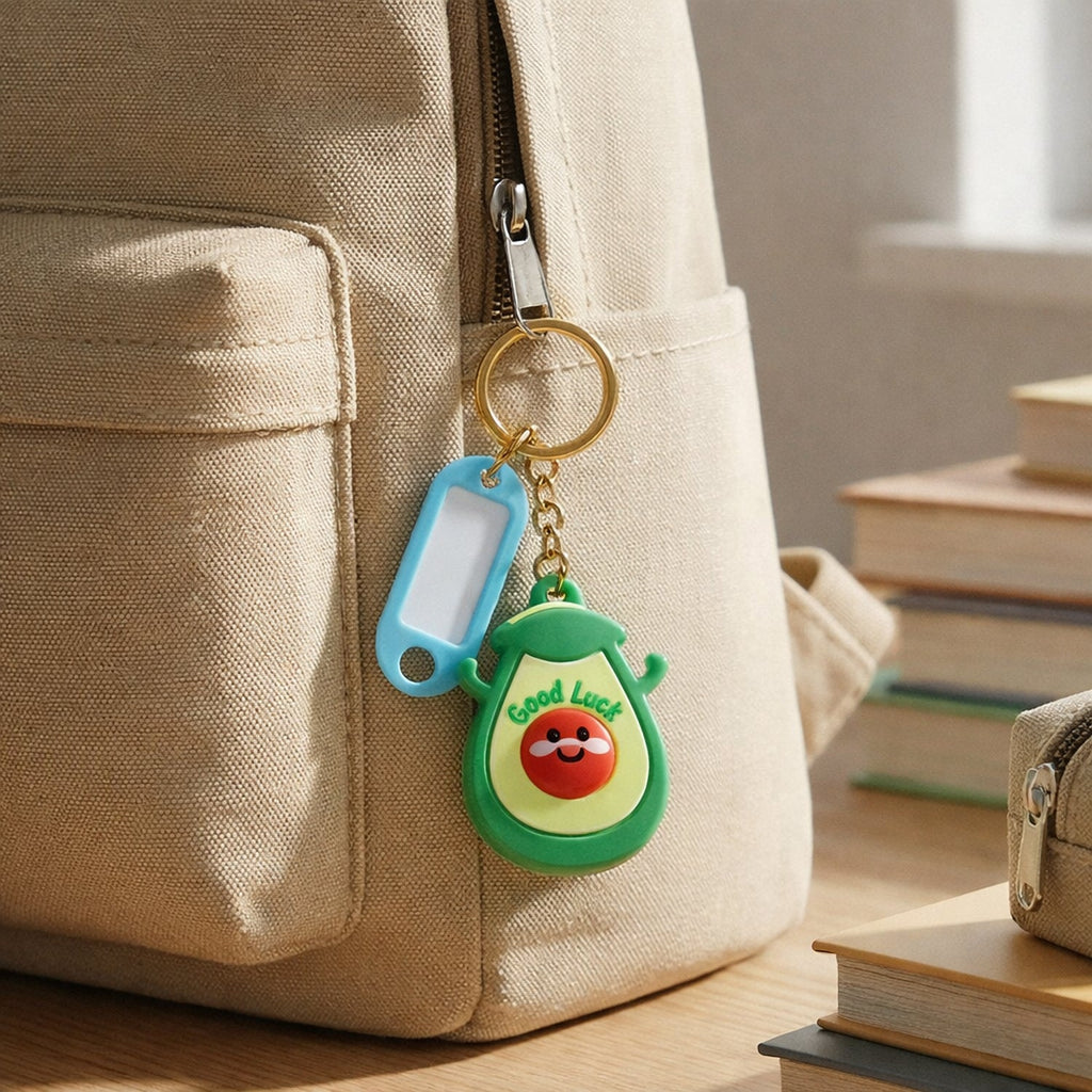 Backpack featuring attached avocado keychain with good luck design
