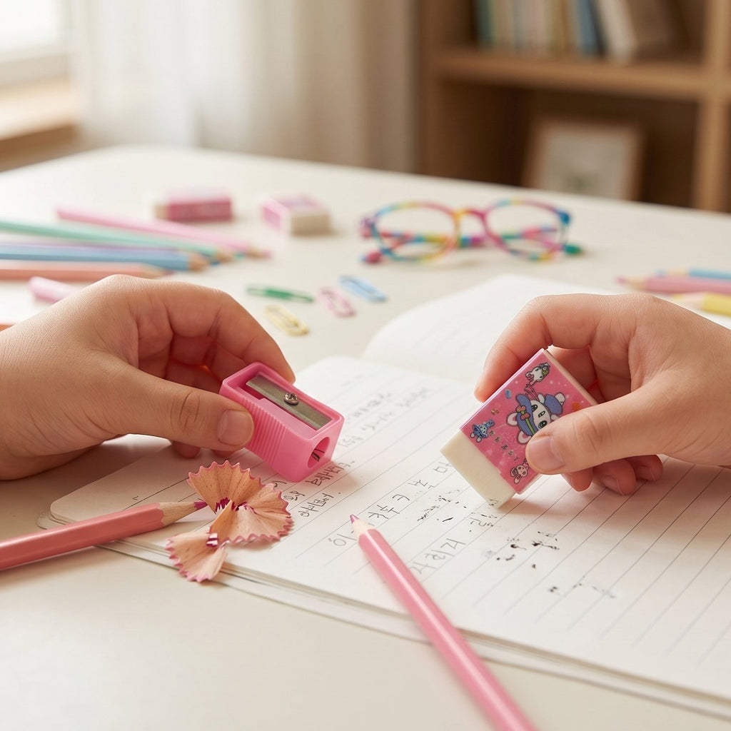 Components of the kids school stationery kit including pencils, ruler, eraser, and sharpener
