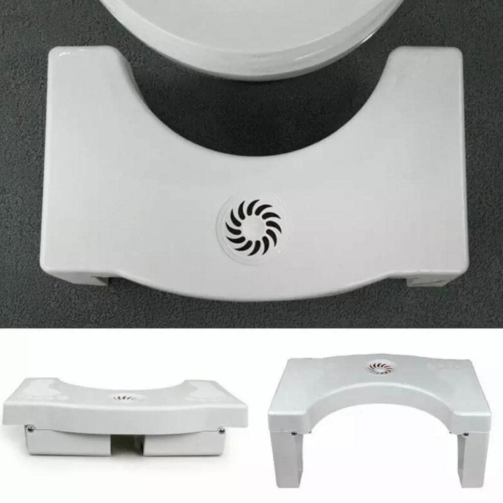 Toilet squat stool in use, highlighting its foldable design and helpful footprint guides.