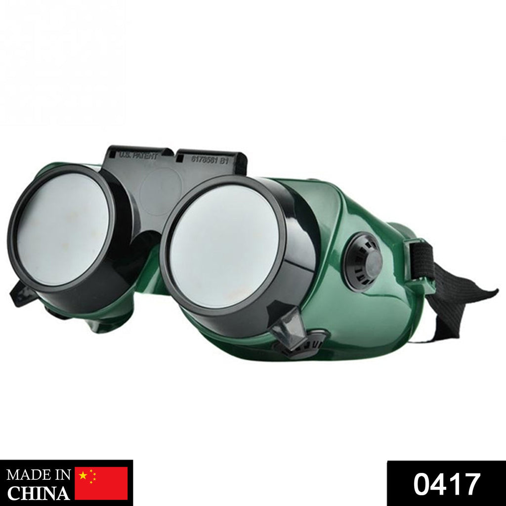 Close-up of BoltForce dark green welding goggles, showing the robust dual-cup lenses.