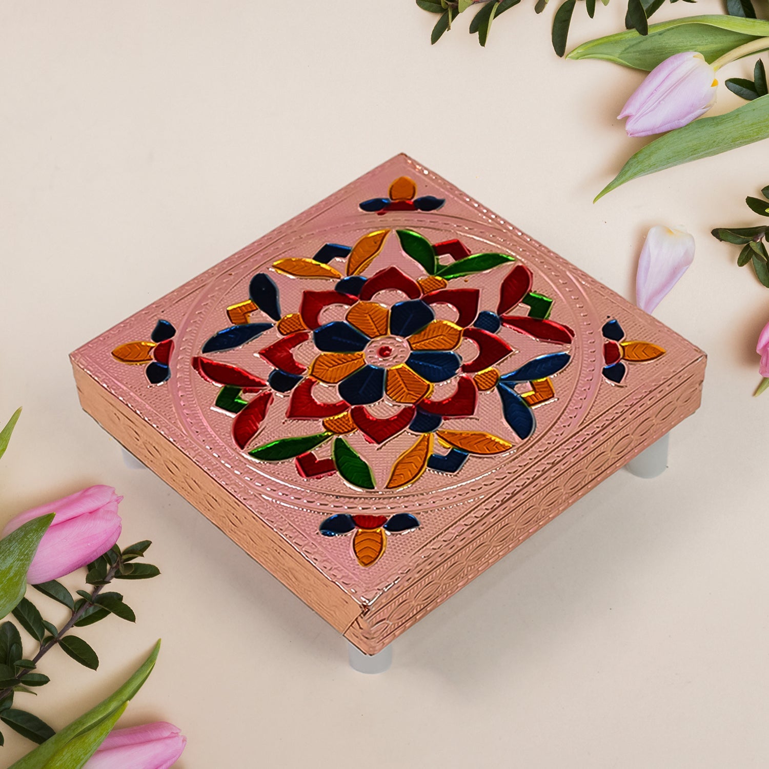 Square-shaped wooden bajot with detailed Meenakari artwork for puja rituals.