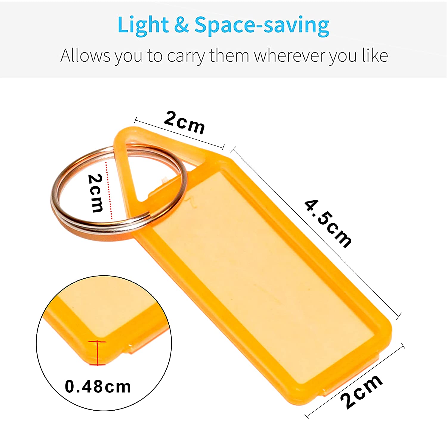 Variety of bright keychain tags displayed, ideal for organizing house and office keys.