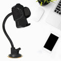 Car phone holder with a 27cm long adjustable arm mounted on a windshield.