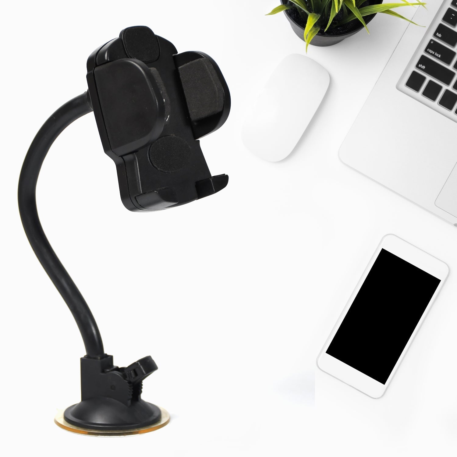 Car phone holder with a 27cm long adjustable arm mounted on a windshield.