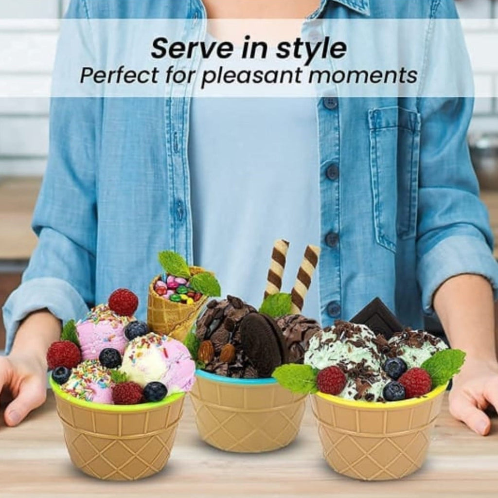 Collection of ice cream bowls neatly stacked with their matching spoons.