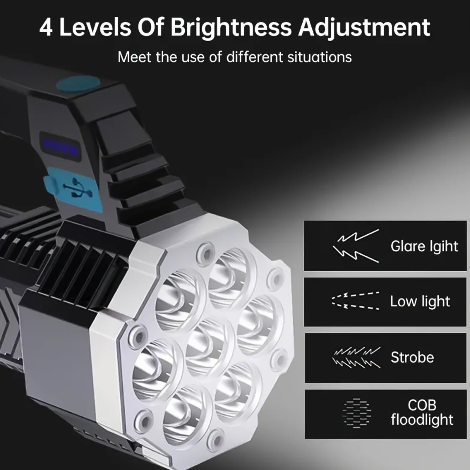 Multi-mode rechargeable LED flashlight illuminating a dark outdoor scene.