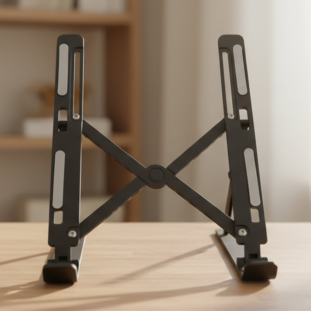 An adjustable tablet stand positioned on an office desk, promoting a comfortable and organized workspace.