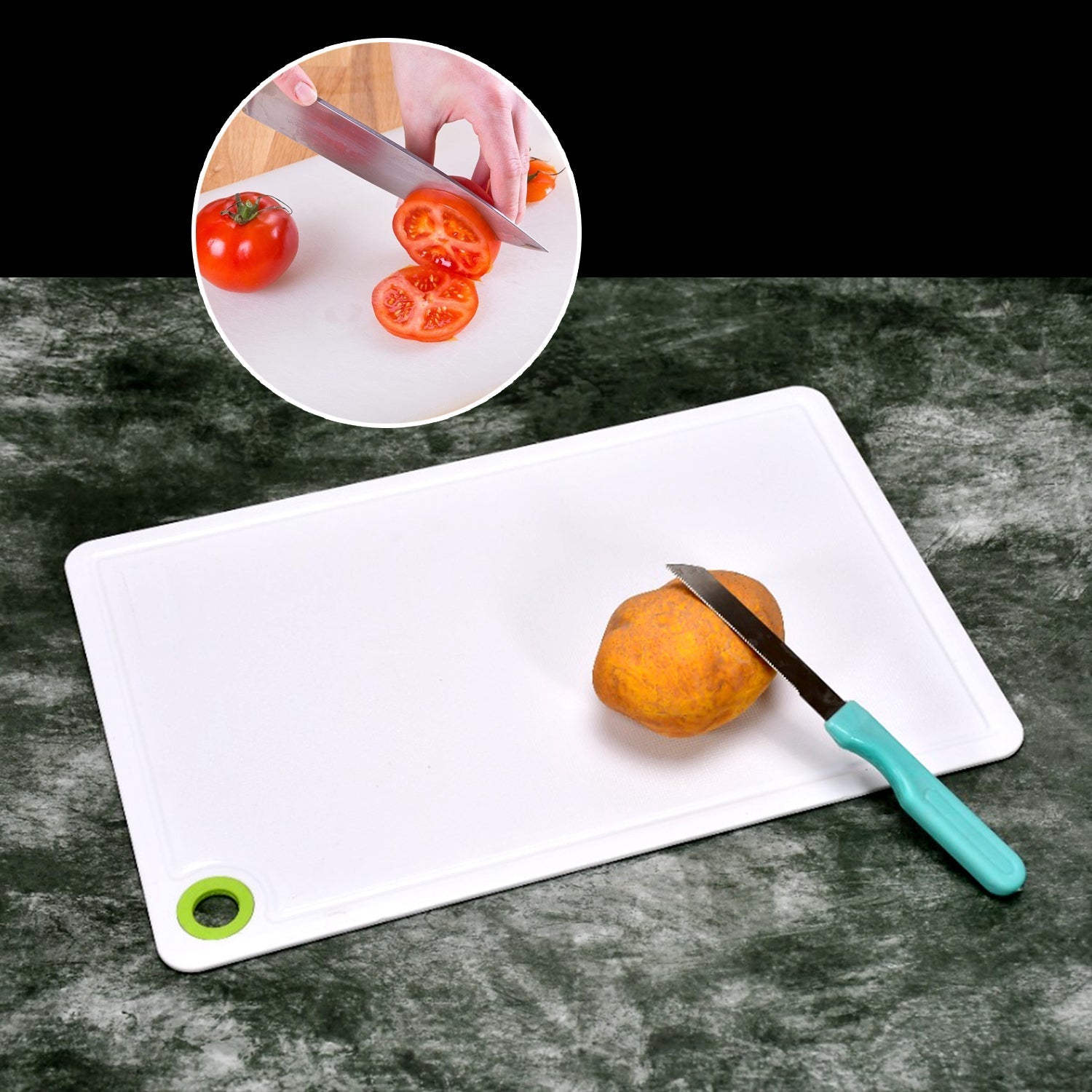 Easy clean chopping board with a smooth surface, ideal for preparing fruits and vegetables.