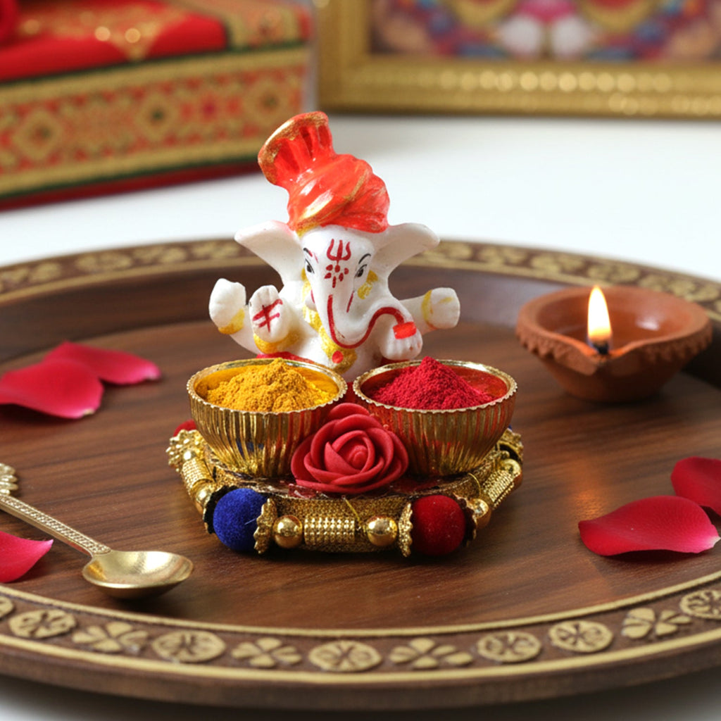 Ganesha worship thali with colorful festival decor
