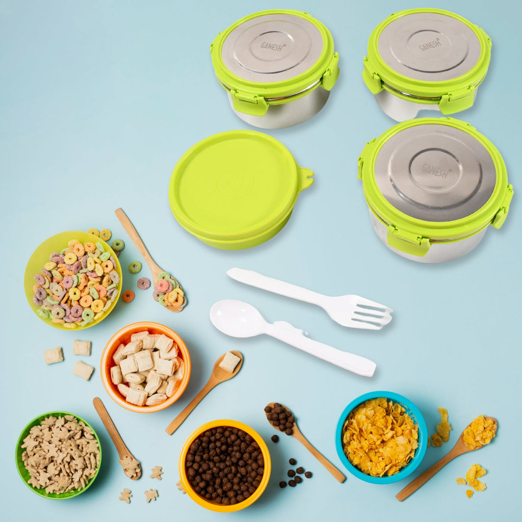 Compact Ganesh Stainless Steel Tiffin Lunch Box, designed for easy portability and storage.
