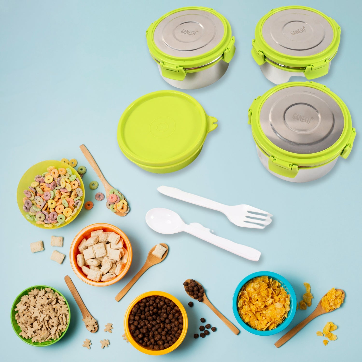 Compact Ganesh Stainless Steel Tiffin Lunch Box, designed for easy portability and storage.