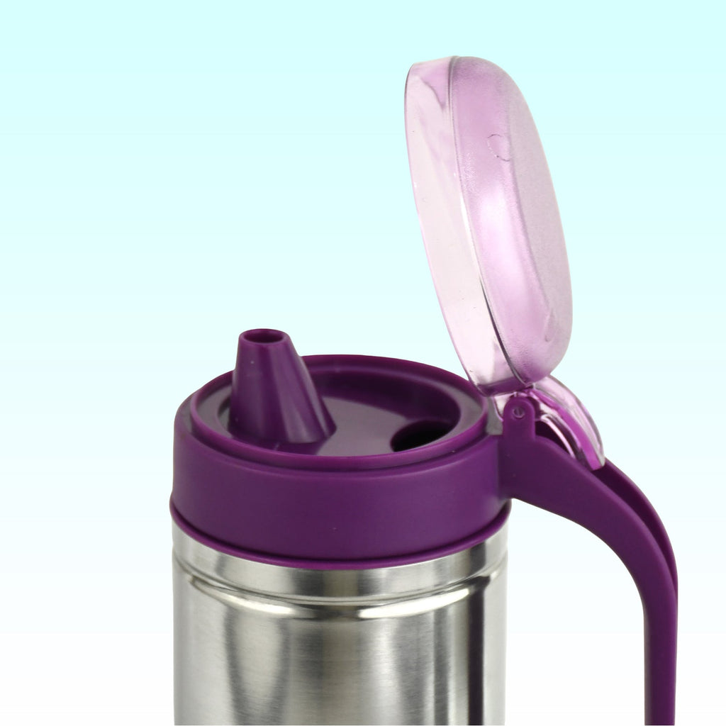 Close-up of anti-drip spout and ergonomic handle on stainless steel pourer