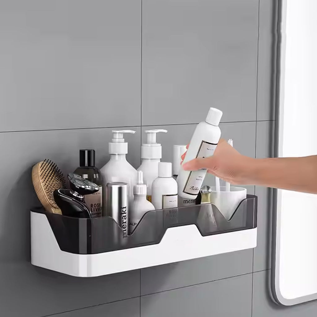 Plastic shower caddy filled with everyday toiletries like body wash and shampoo.
